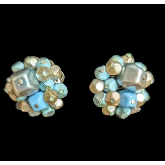 Vintage Clip-On Earrings W/ Blue & Cream Beads  Japan Retro Chic 1" - Picture 5 of 8